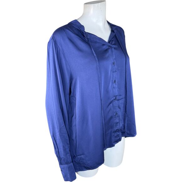 Side Stitch Button Down Top with Ruffle Neck Saphhire Stone Medium NWOT - Picture 11 of 14